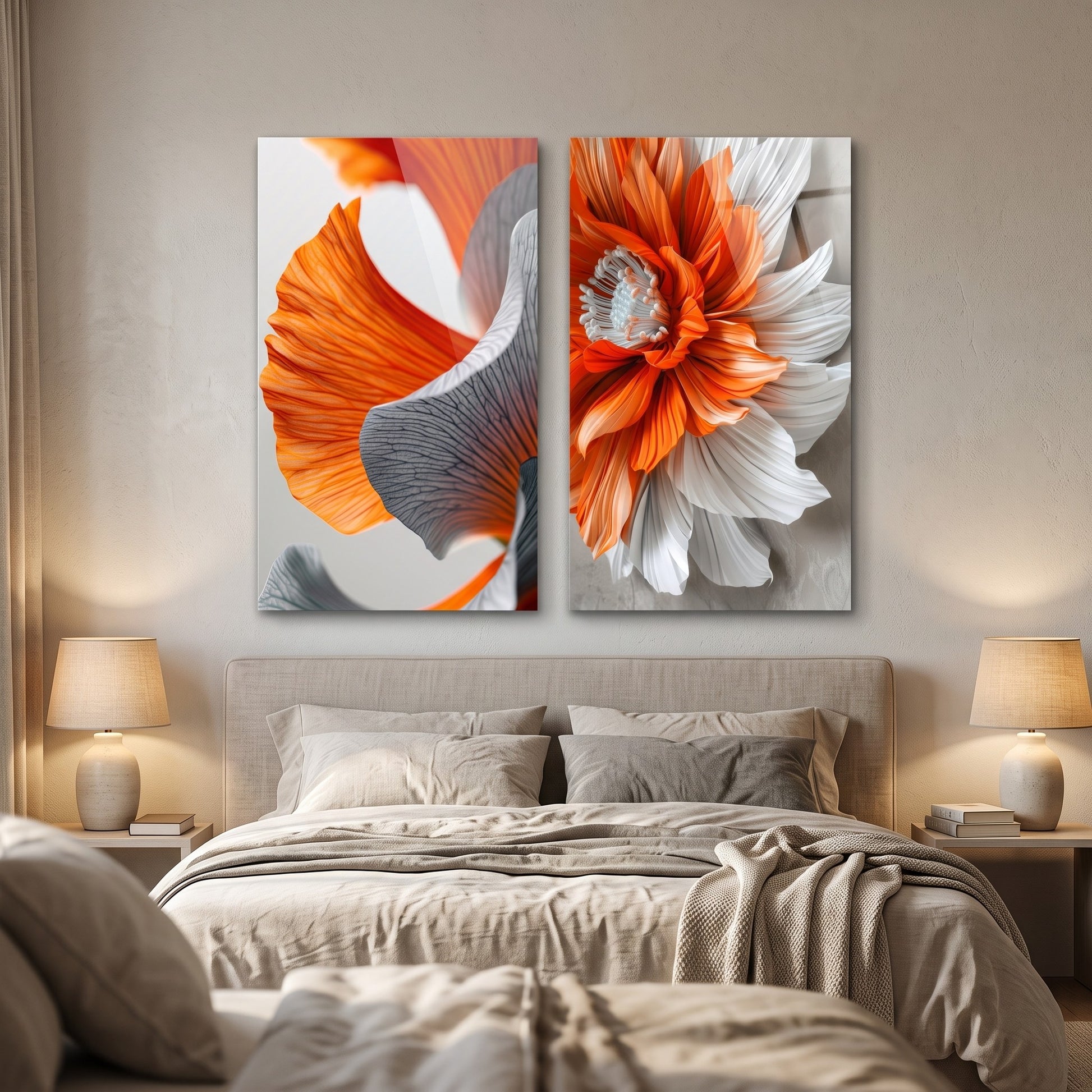 Modern Soyut Çiçek Dokusu 2 Parçalı Set Dikey 2'li Set Cam Tablo