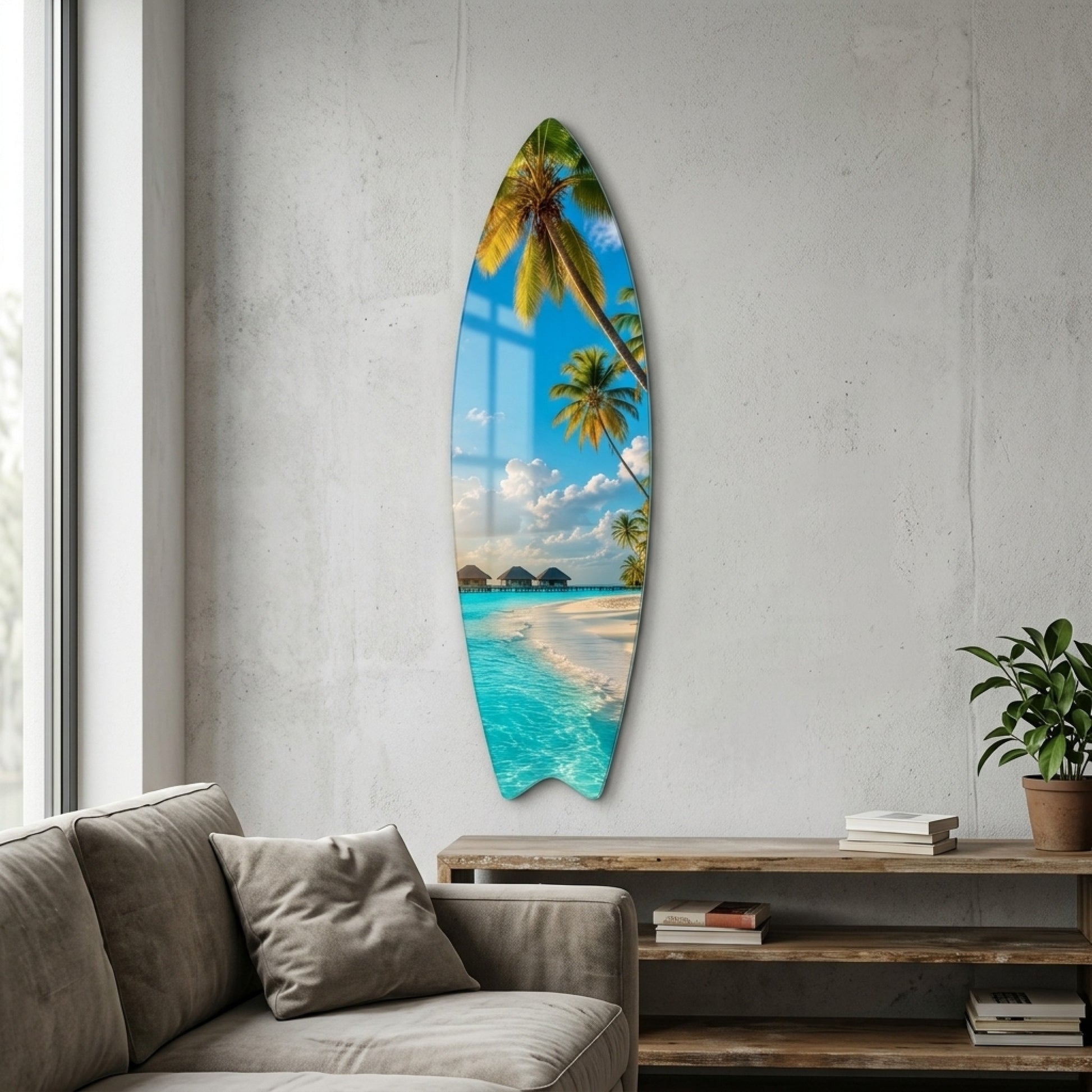 Maldivler Plajı Palmiye Ağaçları Tropik Manzara Surf Board Cam Tablo