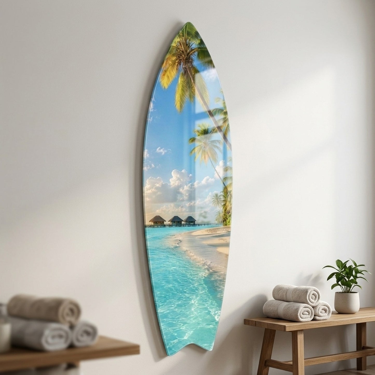 Maldivler Plajı Palmiye Ağaçları Tropik Manzara Surf Board Cam Tablo