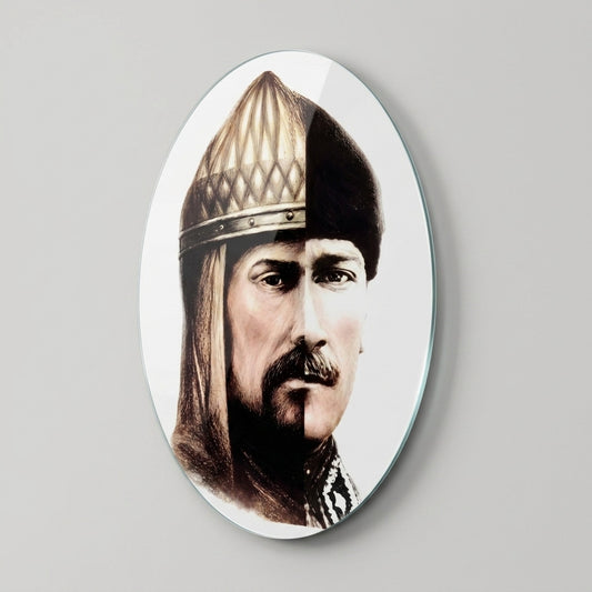 Tarihi ve Modern Portre Desen Calismasi Oval Dikey Cam Tablo
