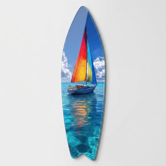 Renkli Yelkenli Turkuaz Deniz Manzarası Surf Board Cam Tablo