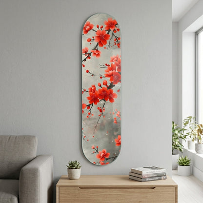 Modern Kırmızı Kiraz Çiçekleri Dalları Skate Board Cam Tablo