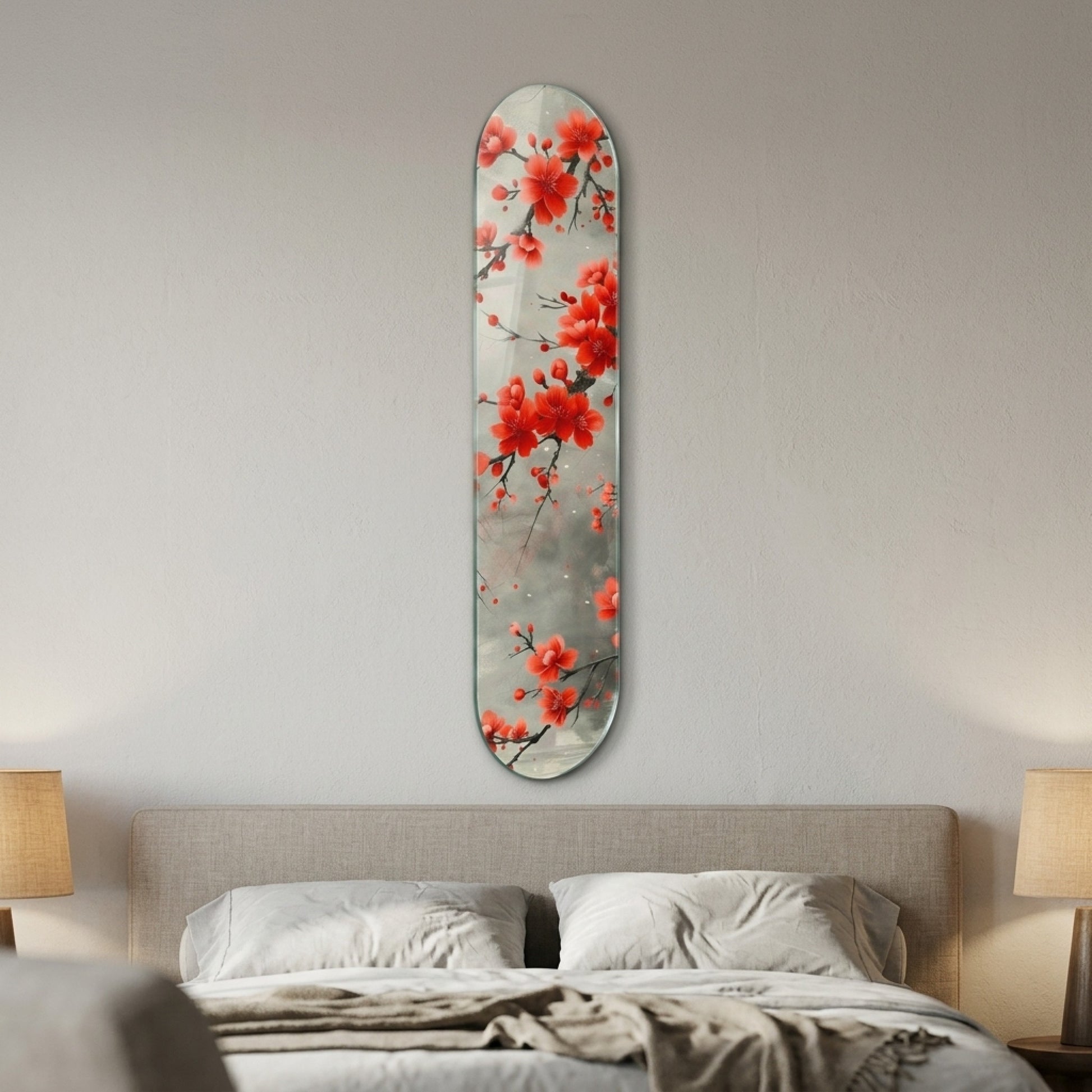 Modern Kırmızı Kiraz Çiçekleri Dalları Skate Board Cam Tablo