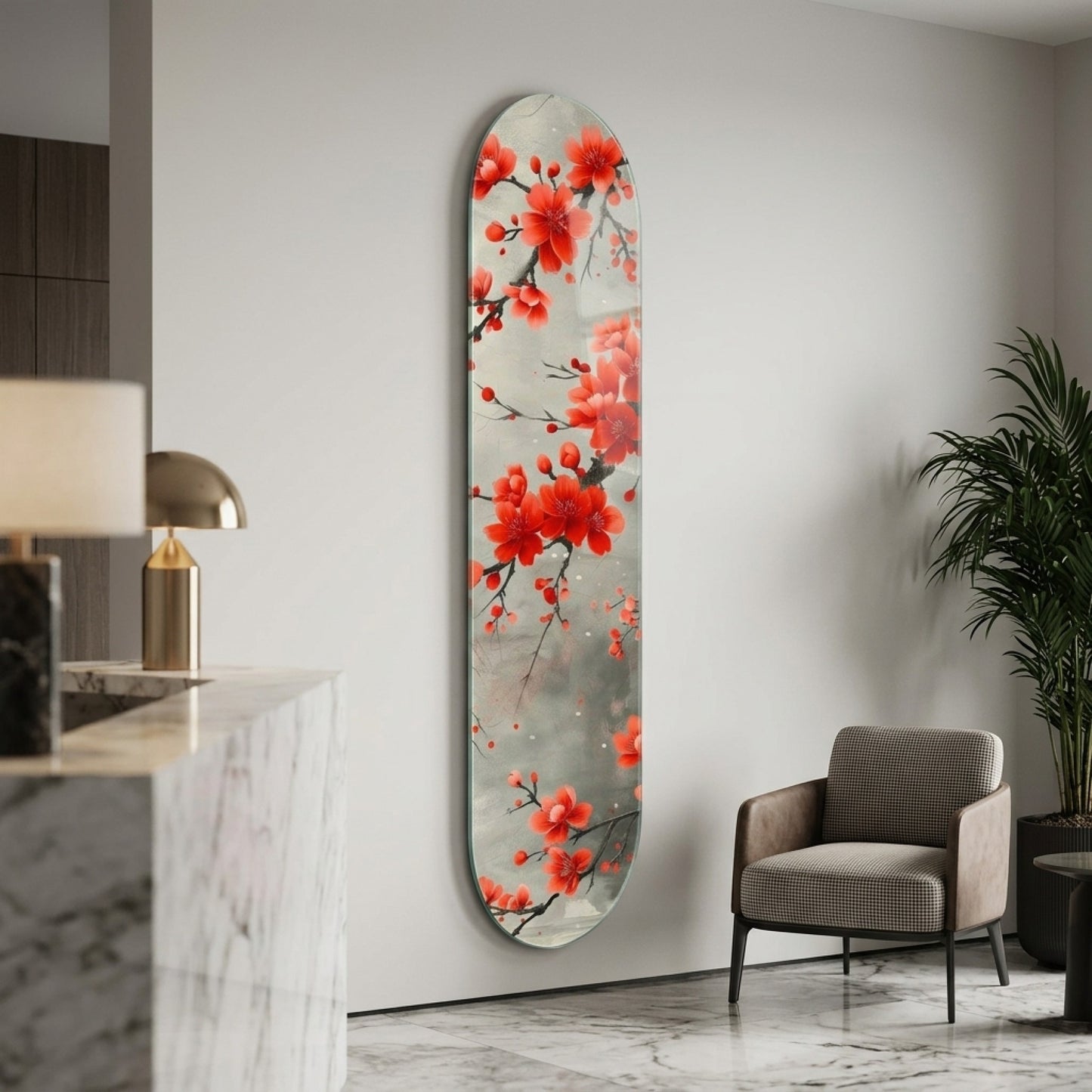 Modern Kırmızı Kiraz Çiçekleri Dalları Skate Board Cam Tablo