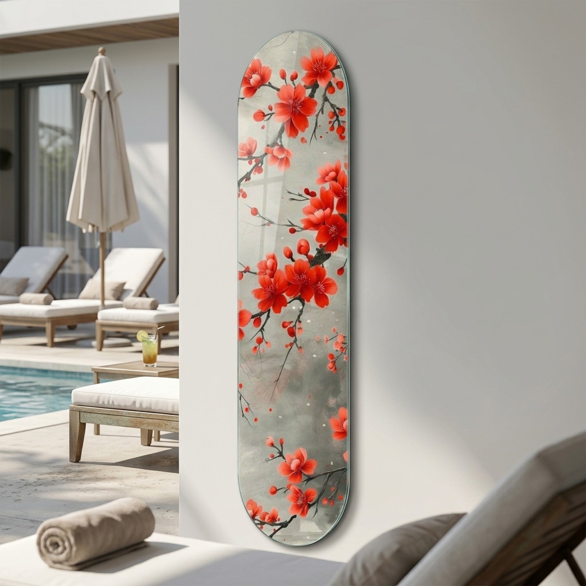 Modern Kırmızı Kiraz Çiçekleri Dalları Skate Board Cam Tablo