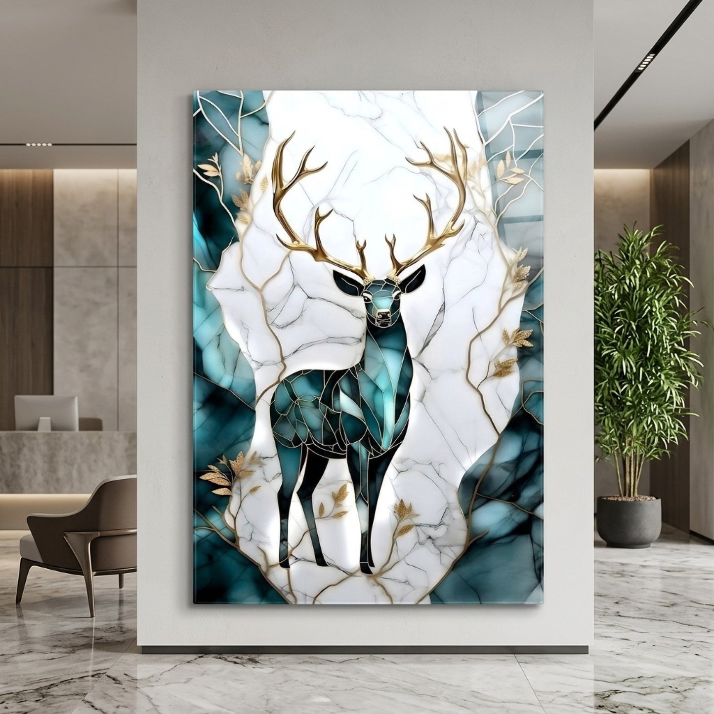 Modern Altın Boynuzlu Geyik Marbles Dikey Cam Tablo