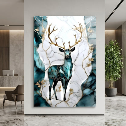 Modern Altın Boynuzlu Geyik Marbles Dikey Cam Tablo