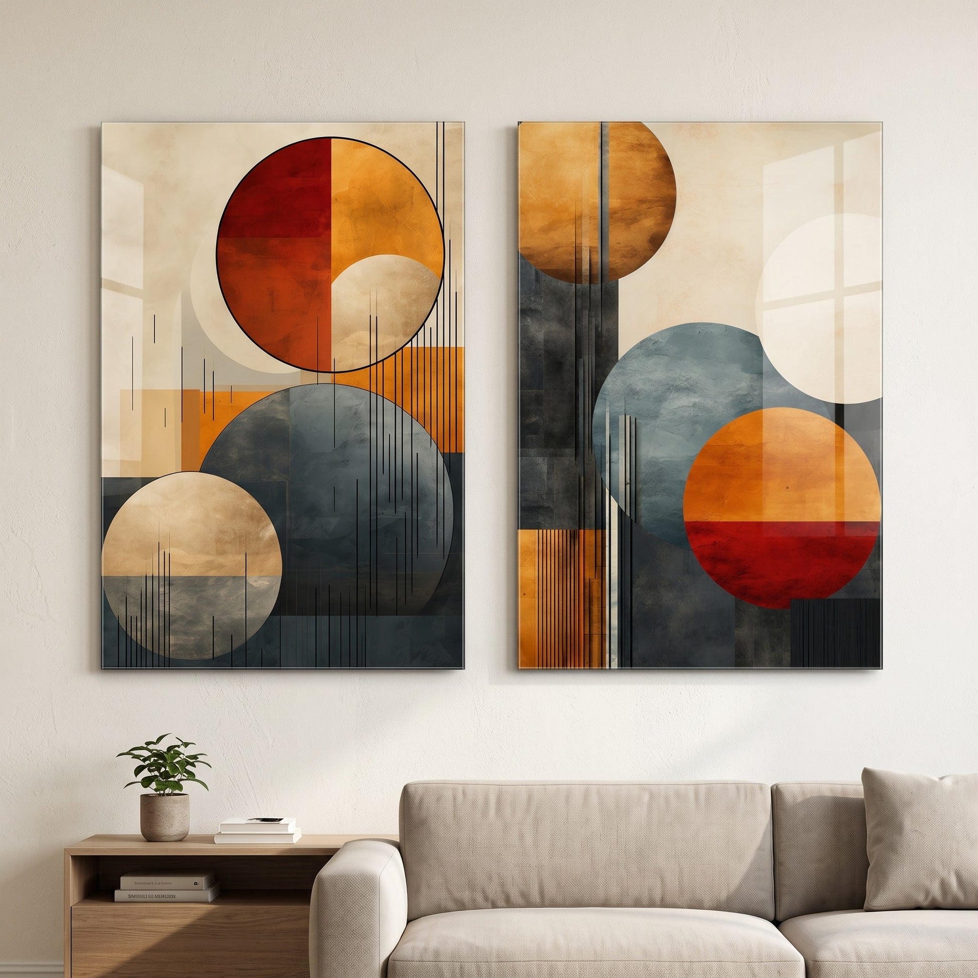 Modern Soyut Geometrik Daireler Kompozisyonu Dikey 2'li Set Cam Tablo