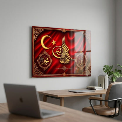 Osmanlı Tuğrası Kırmızı Kadife Duvar Sanatı Yatay Cam Tablo