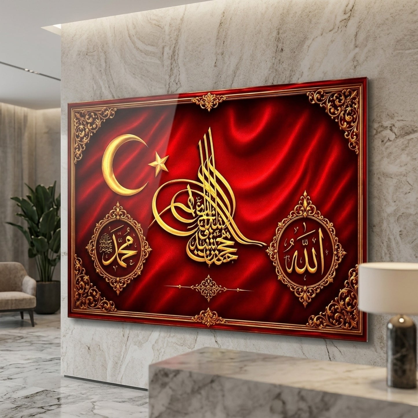 Osmanlı Tuğrası Kırmızı Kadife Duvar Sanatı Yatay Cam Tablo