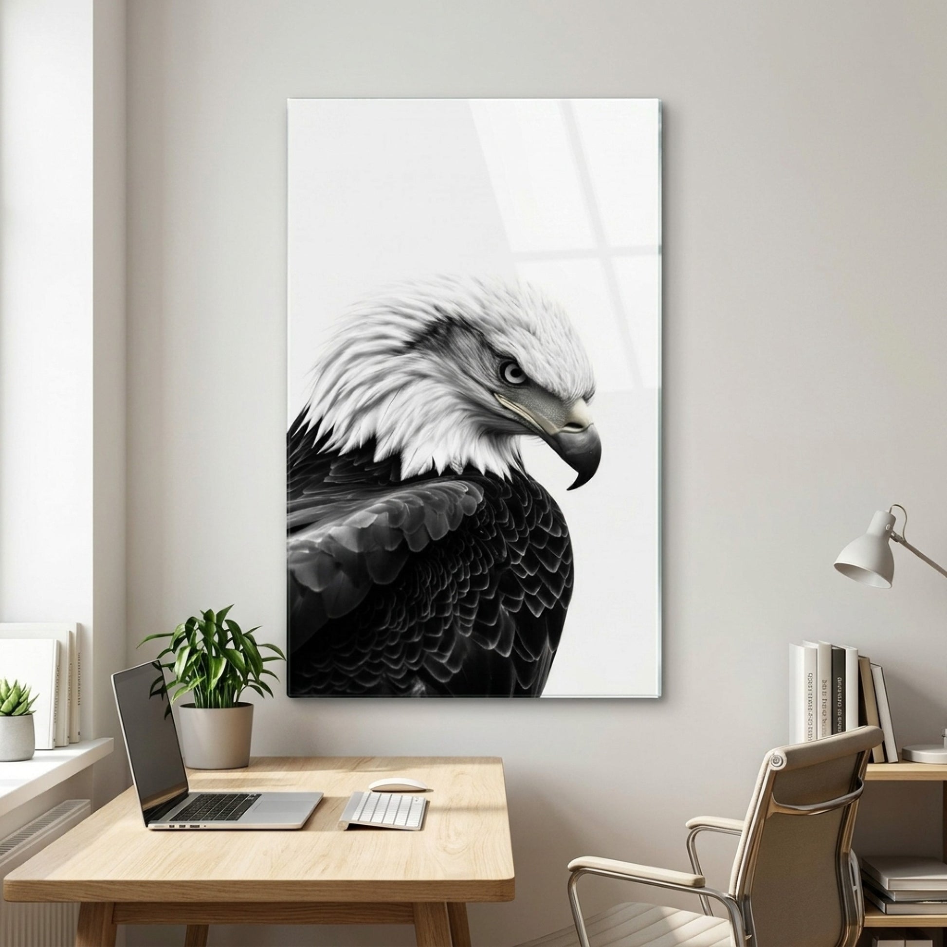 Asil Kel Kartal Portresi Siyah Beyaz Sanat Dikey Cam Tablo