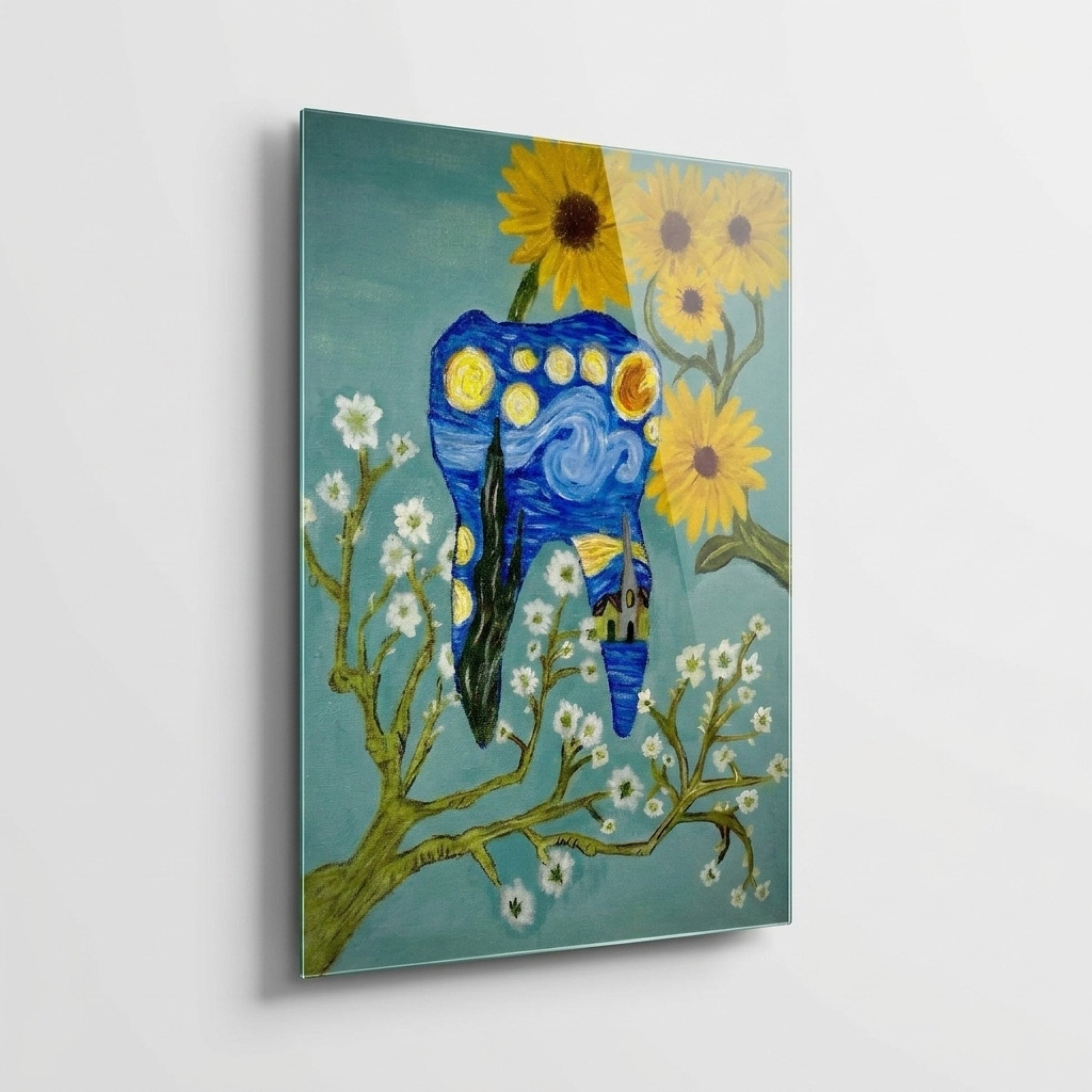 Van Gogh Yıldızlı Gece Temalı Diş Sanat Eseri Dikey Cam Tablo