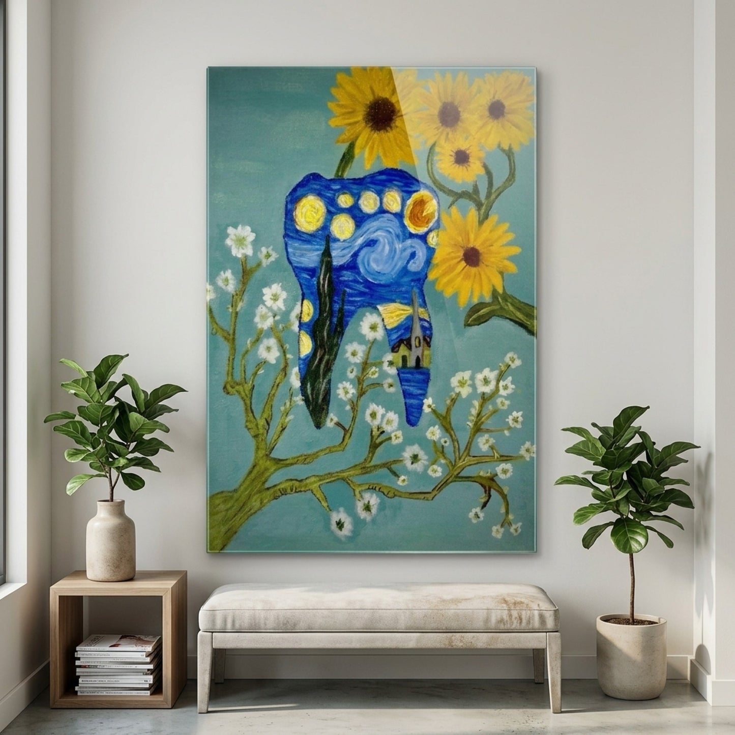 Van Gogh Yıldızlı Gece Temalı Diş Sanat Eseri Dikey Cam Tablo