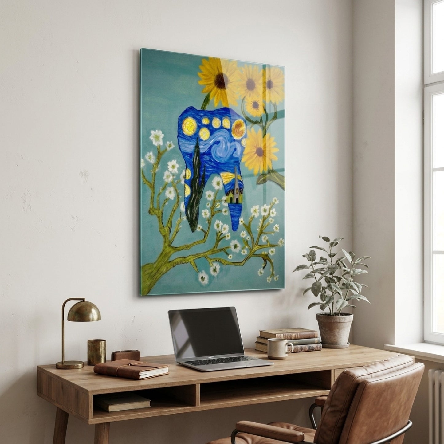 Van Gogh Yıldızlı Gece Temalı Diş Sanat Eseri Dikey Cam Tablo