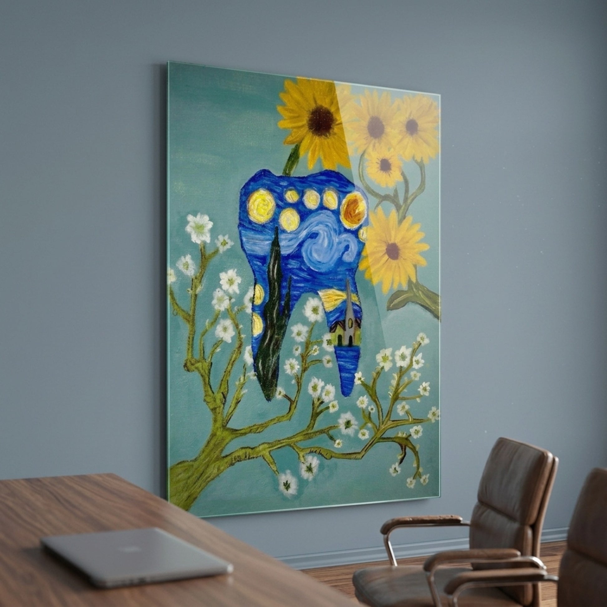 Van Gogh Yıldızlı Gece Temalı Diş Sanat Eseri Dikey Cam Tablo