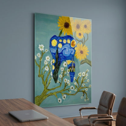 Van Gogh Yıldızlı Gece Temalı Diş Sanat Eseri Dikey Cam Tablo