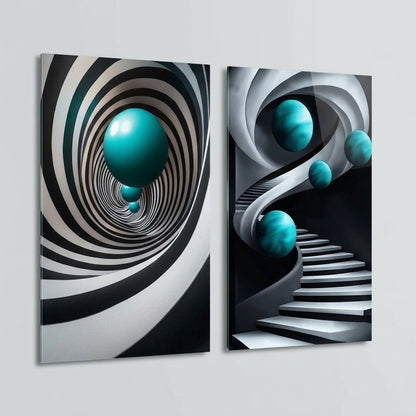 Turkuaz Küreli Spiral Merdiven Dikey 2'li Set Cam Tablo