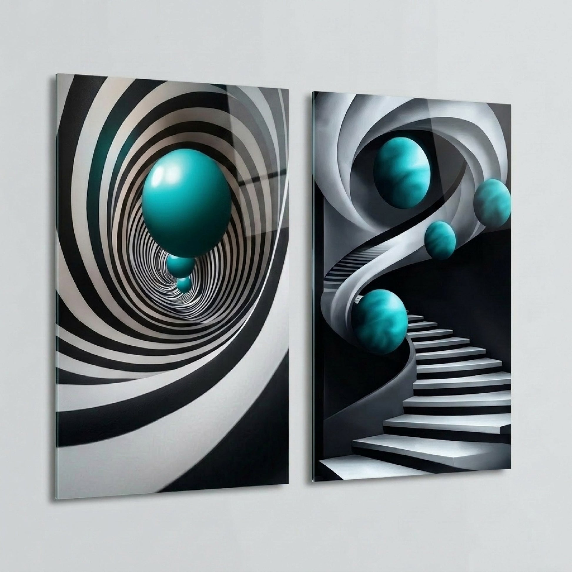 Turkuaz Küreli Spiral Merdiven Dikey 2'li Set Cam Tablo