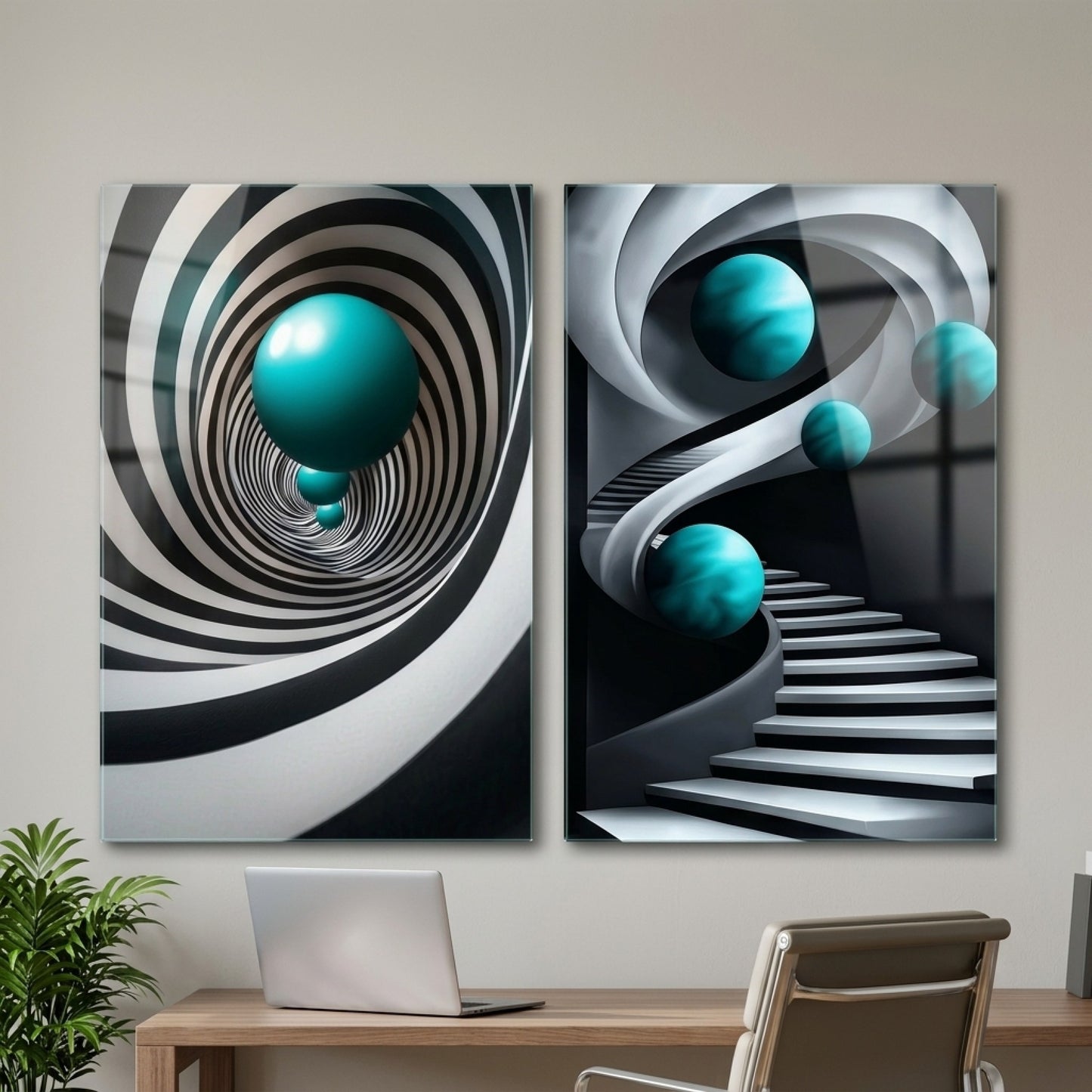 Turkuaz Küreli Spiral Merdiven Dikey 2'li Set Cam Tablo