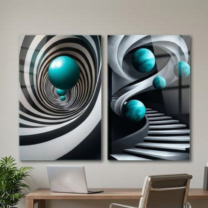 Turkuaz Küreli Spiral Merdiven Dikey 2'li Set Cam Tablo