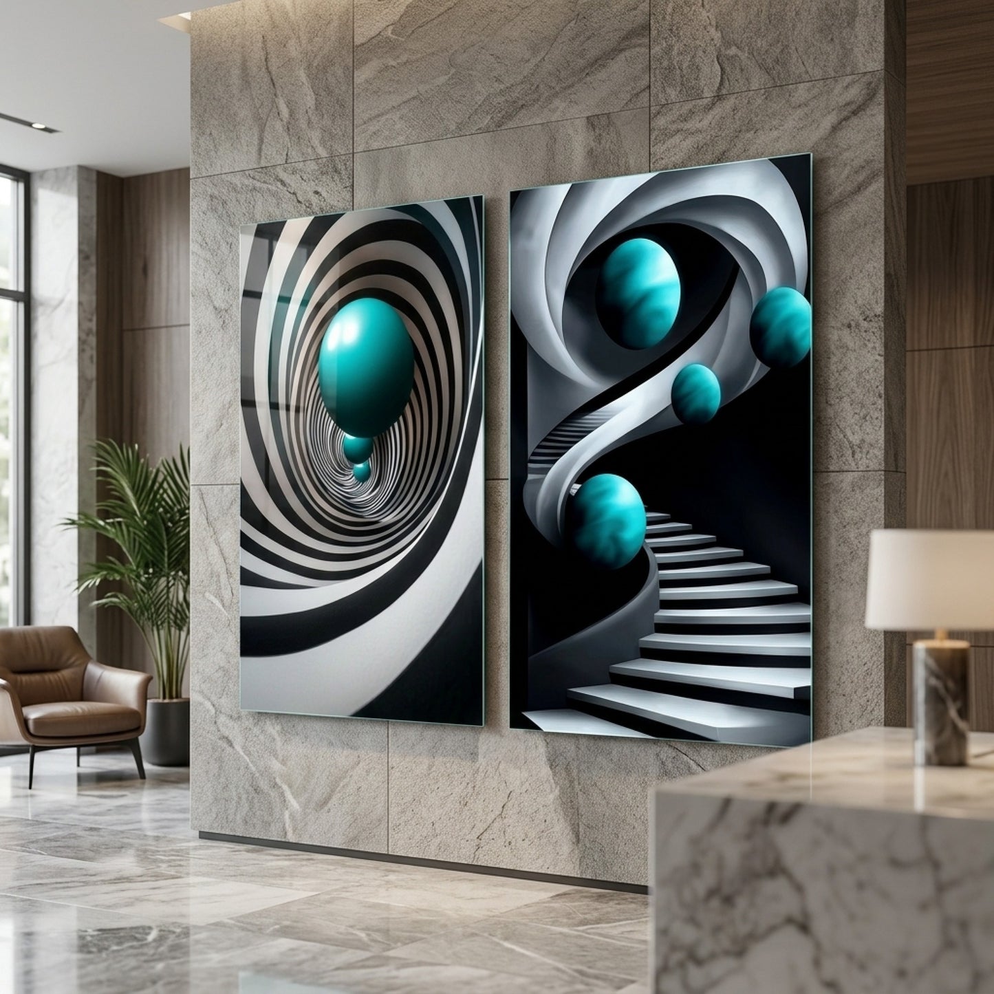 Turkuaz Küreli Spiral Merdiven Dikey 2'li Set Cam Tablo