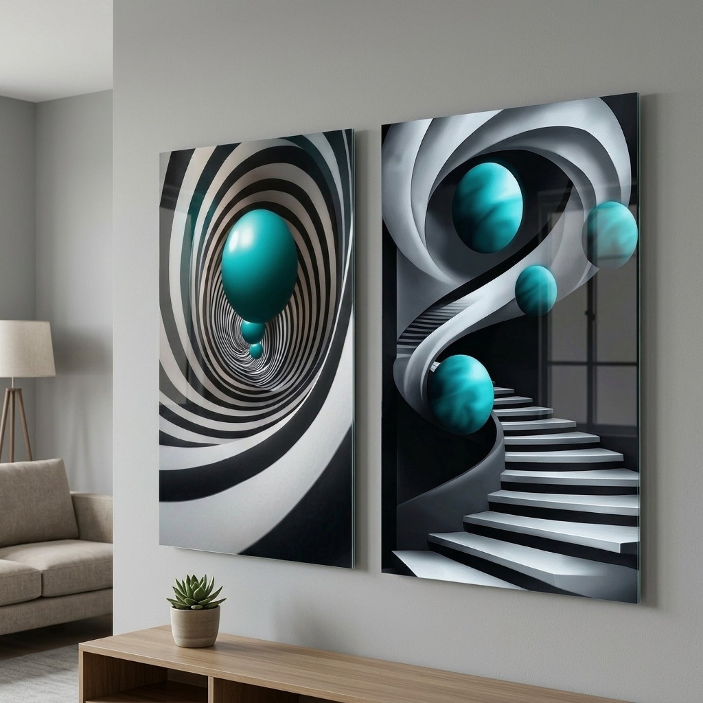 Turkuaz Küreli Spiral Merdiven Dikey 2'li Set Cam Tablo