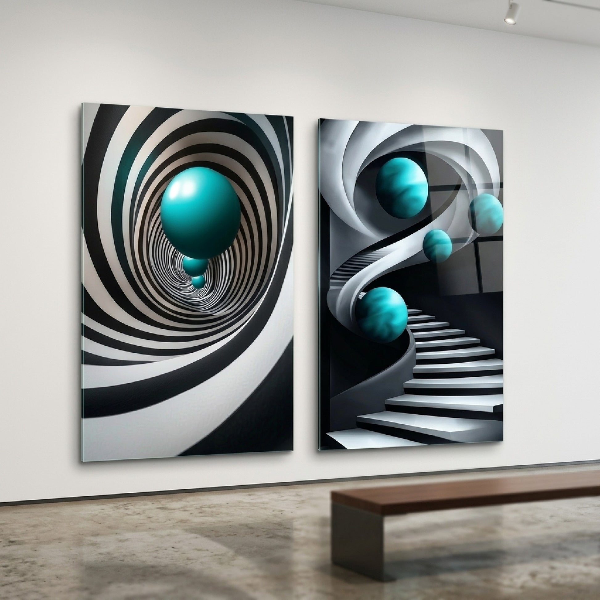 Turkuaz Küreli Spiral Merdiven Dikey 2'li Set Cam Tablo