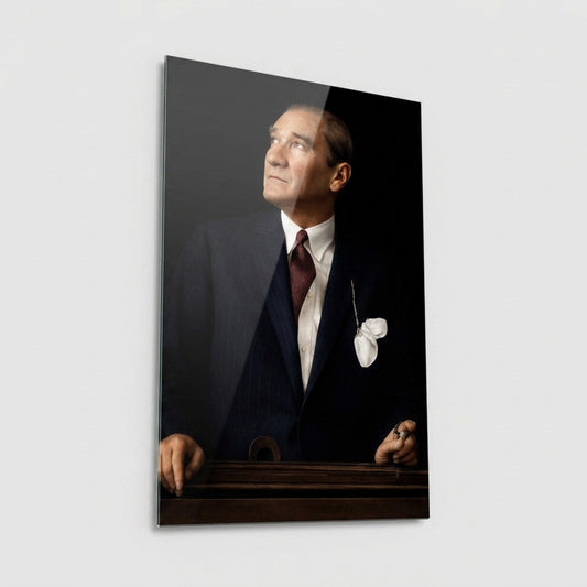 Gazi Mustafa Kemal Atatürk Portresi Lacivert Takım Dikey Cam Tablo