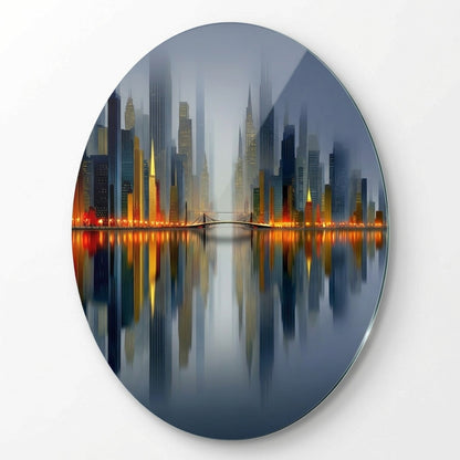 Modern Gece Şehir Manzarası Oval Oval Dikey Cam Tablo