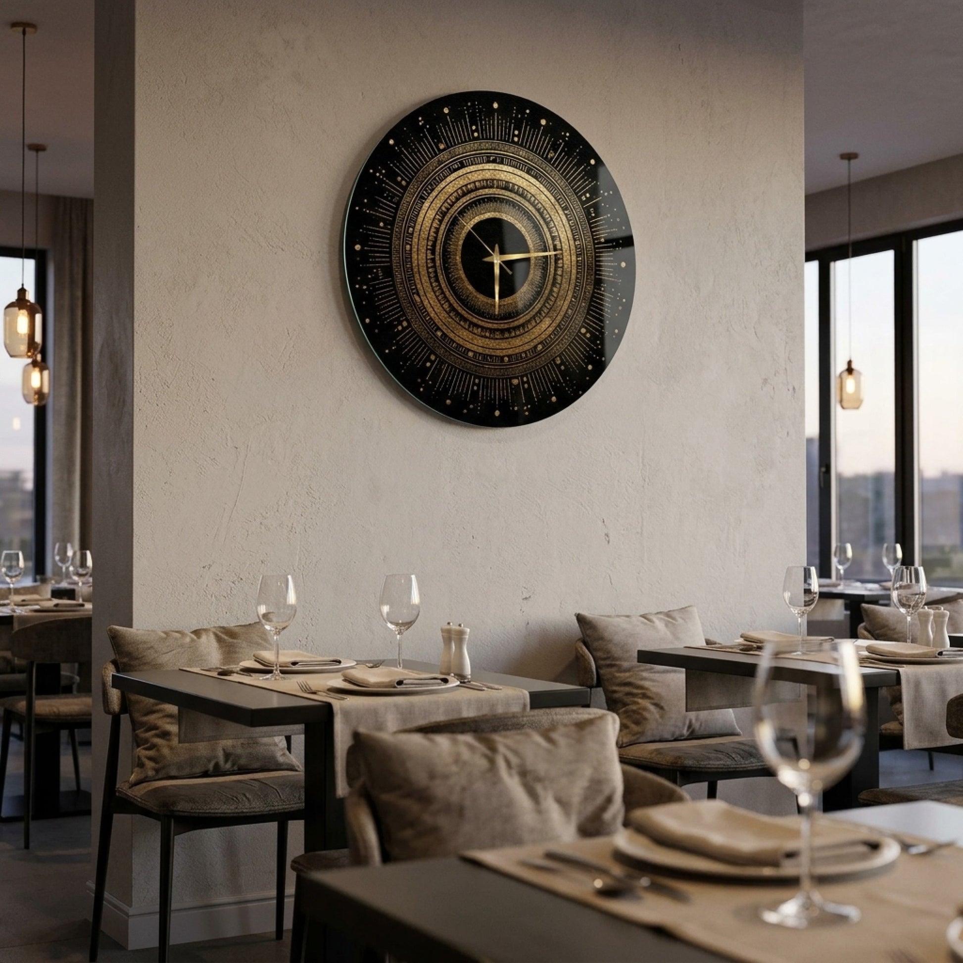 Modern Altın Desenli Siyah Cam Saat