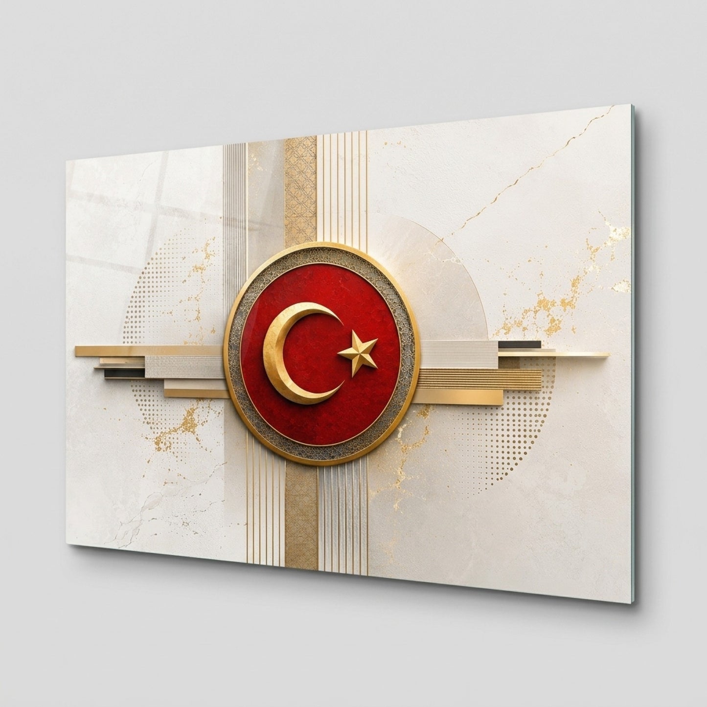 Modern Altın Ve Kırmızı Ay Yıldız Amblemi Yatay Cam Tablo