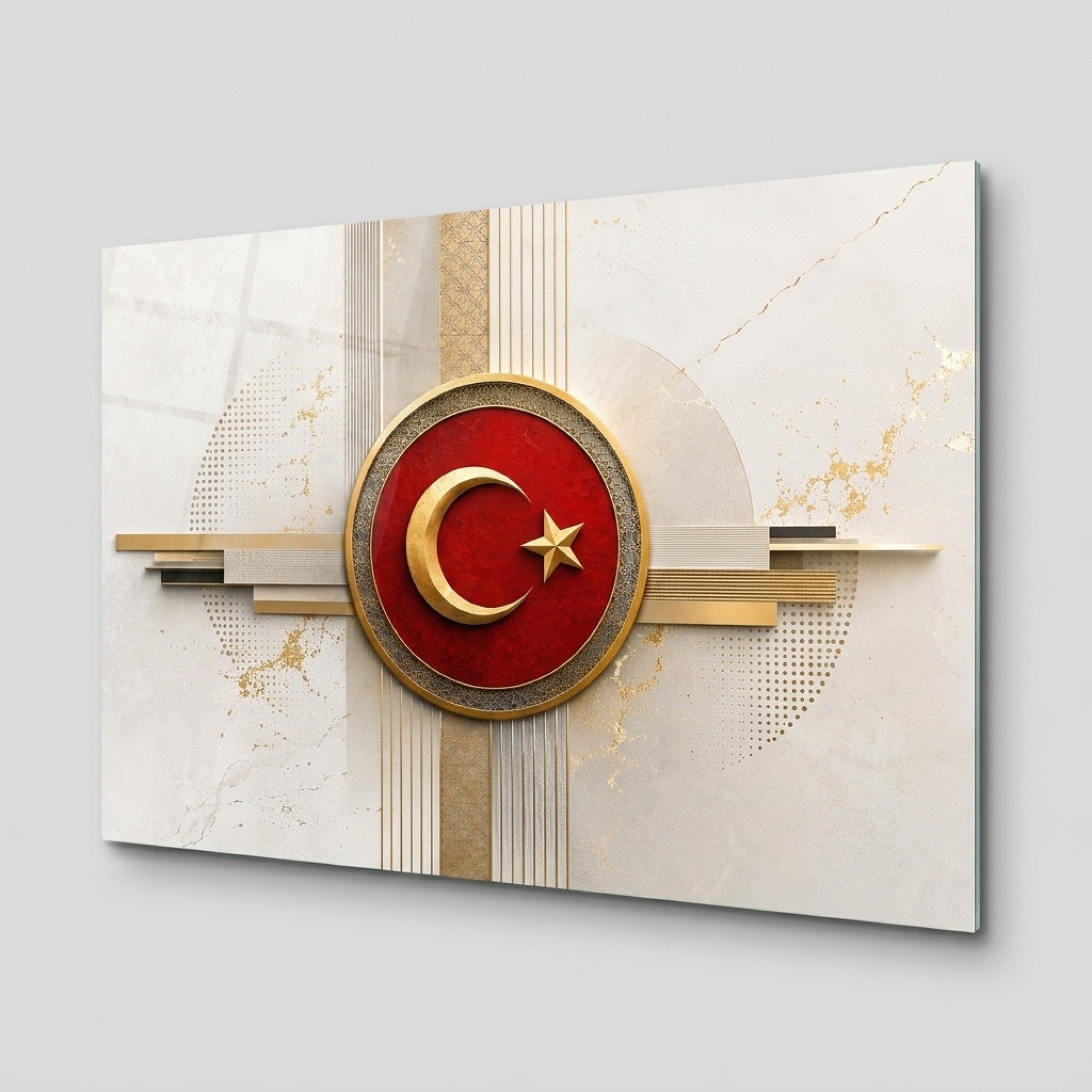 Modern Altın Ve Kırmızı Ay Yıldız Amblemi Yatay Cam Tablo