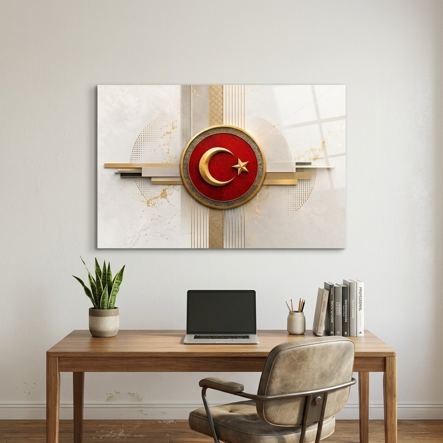 Modern Altın Ve Kırmızı Ay Yıldız Amblemi Yatay Cam Tablo