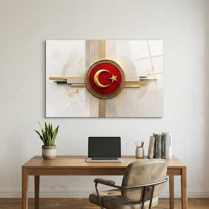 Modern Altın Ve Kırmızı Ay Yıldız Amblemi Yatay Cam Tablo
