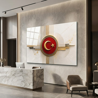 Modern Altın Ve Kırmızı Ay Yıldız Amblemi Yatay Cam Tablo