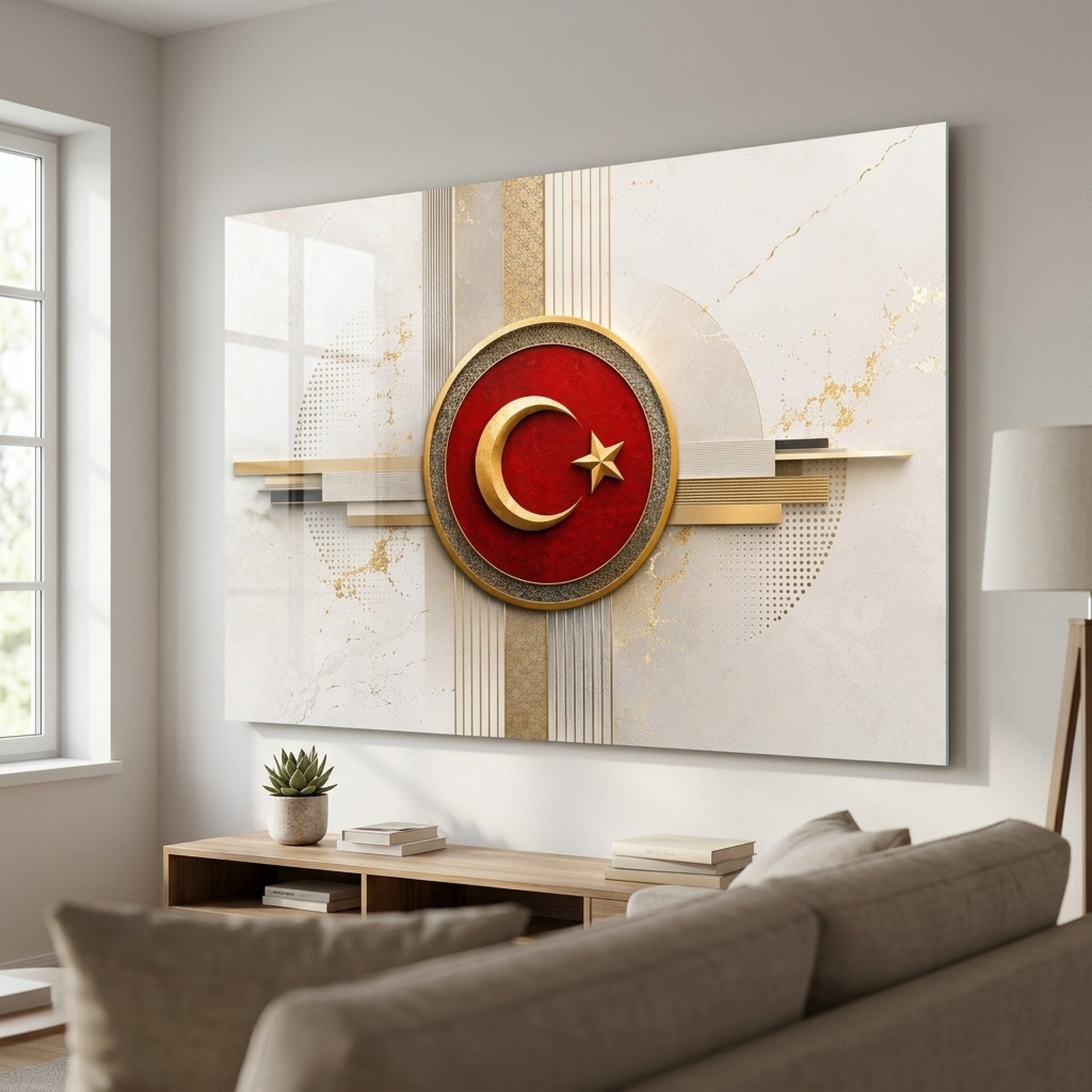 Modern Altın Ve Kırmızı Ay Yıldız Amblemi Yatay Cam Tablo