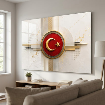 Modern Altın Ve Kırmızı Ay Yıldız Amblemi Yatay Cam Tablo