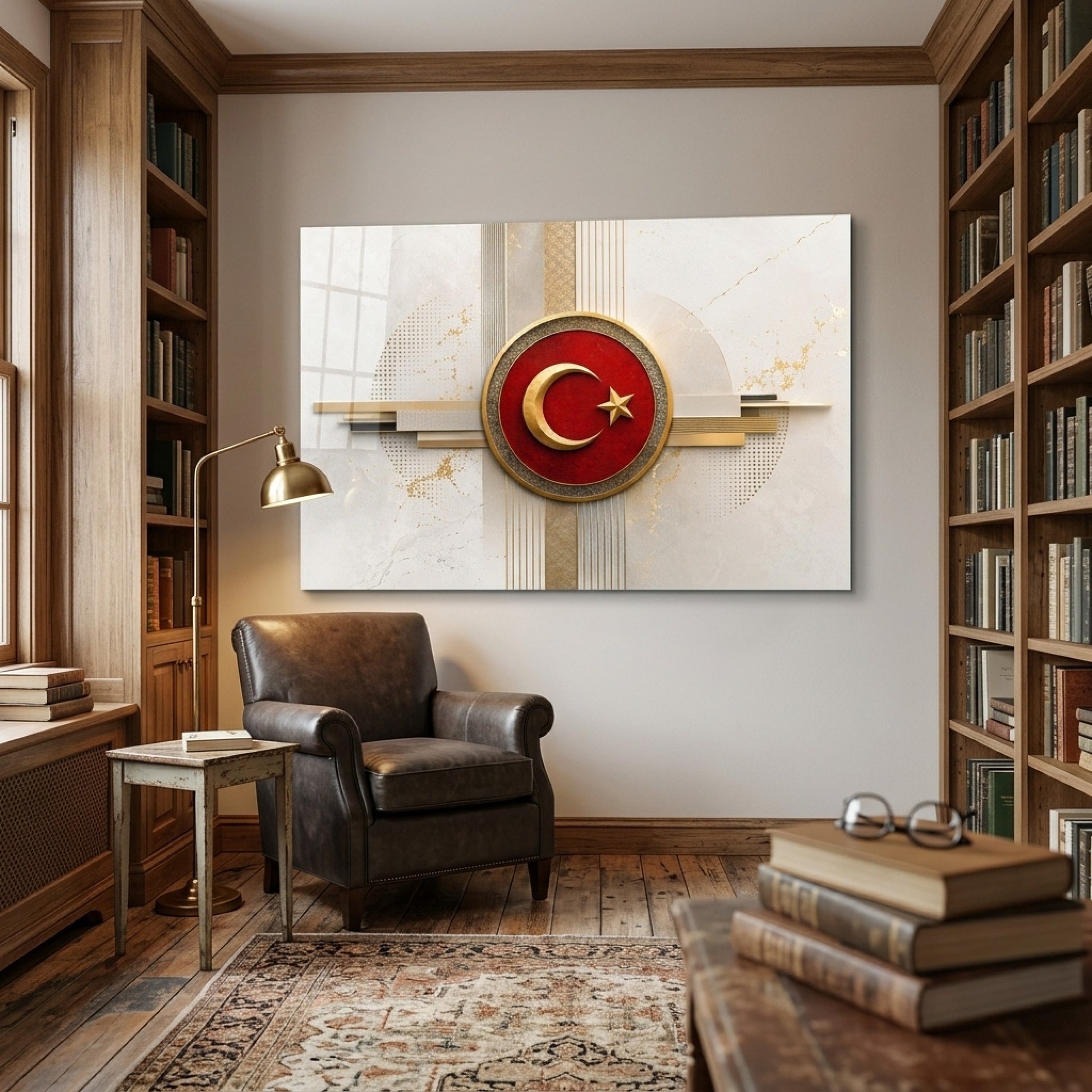 Modern Altın Ve Kırmızı Ay Yıldız Amblemi Yatay Cam Tablo