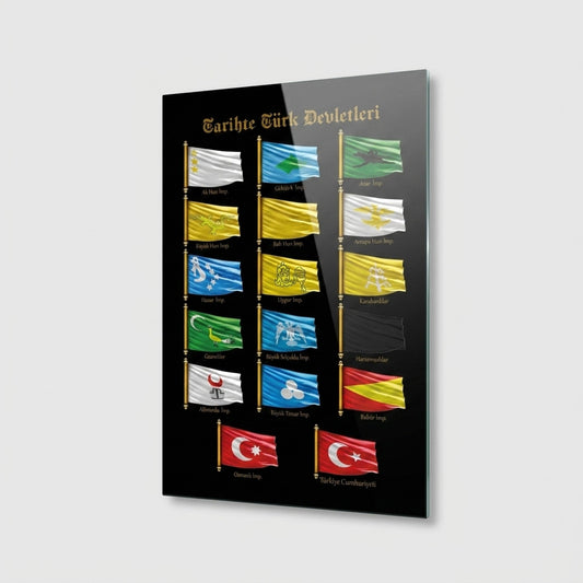 Tarihte Turk Devletleri ve Bayraklari Duvar Dekoru Dikey Cam Tablo