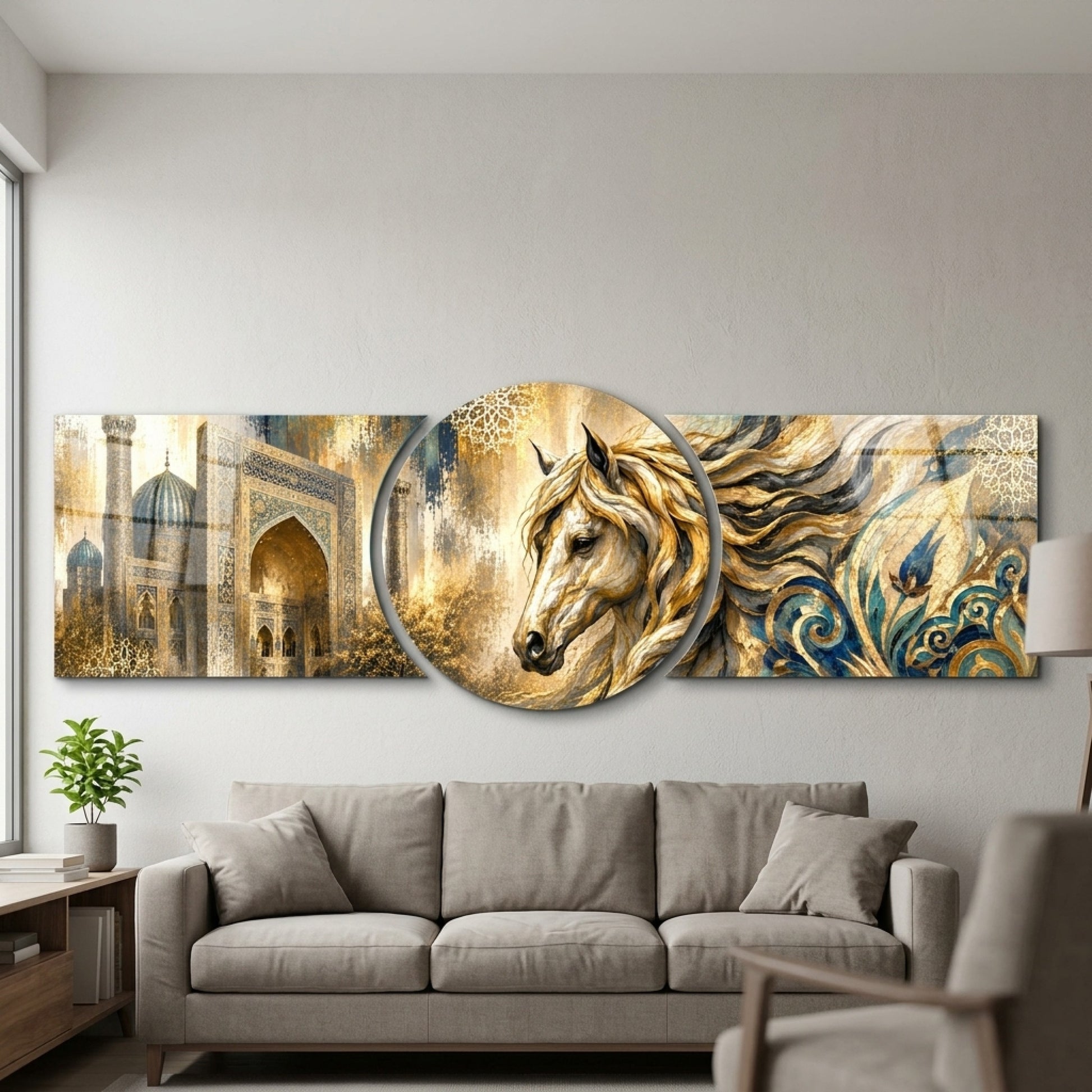 Altın At ve İslami Mimari Panoraması Şekilli Kesim Cam Tablo