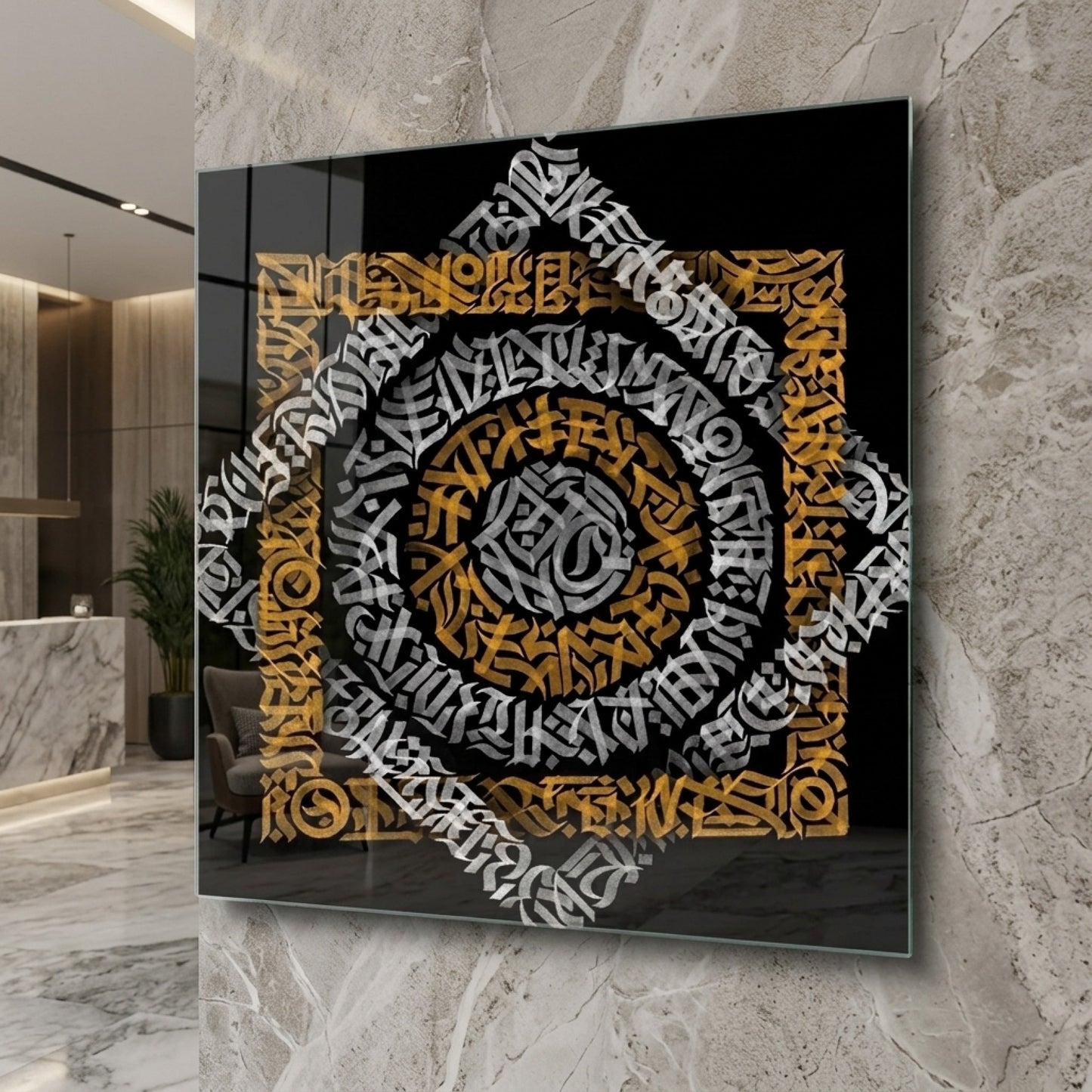 Modern Altın ve Gümüş Geometrik Kaligrafi Duvar Dekoru Kare Cam Tablo