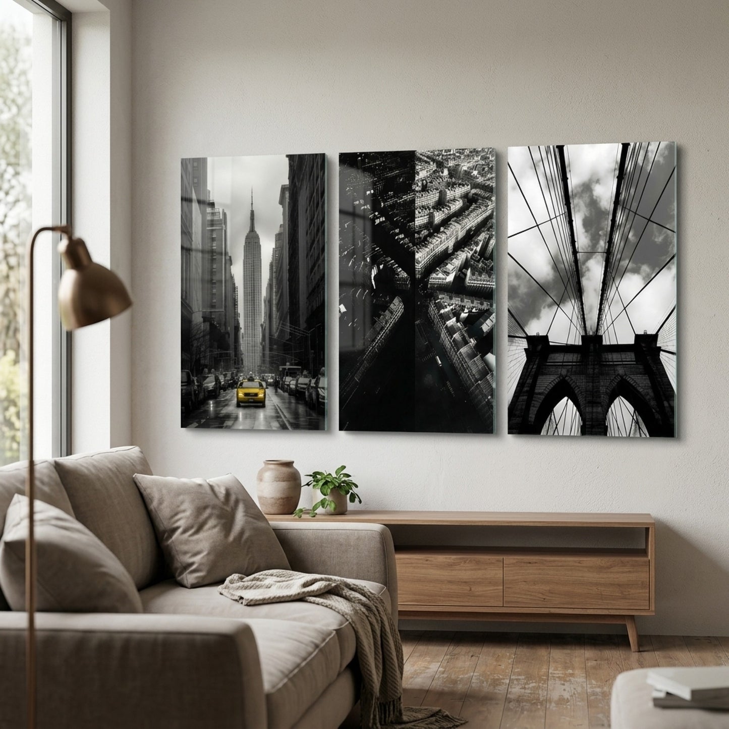 İkonik Şehirler New York Paris Çoklu Seti Dikey 3'lü Set Cam Tablo