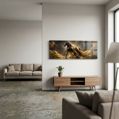 Siyah At ve Altın Kumaş Panoramik Yatay Cam Tablo