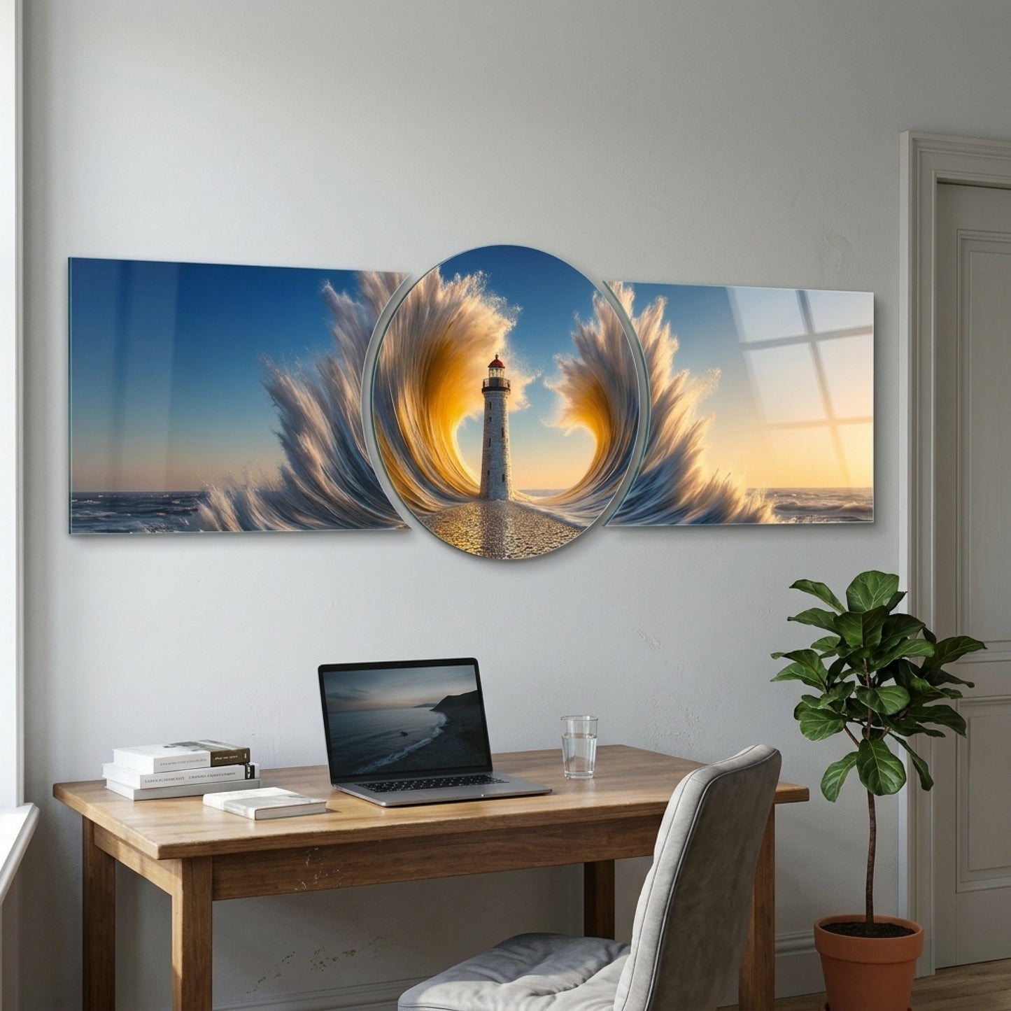 Fener ve Dev Dalga Manzarası Şekilli Kesim Cam Tablo
