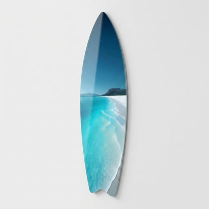 Turkuaz Dalgalı Beyaz Kumsal Deniz Manzarası Surf Board Cam Tablo