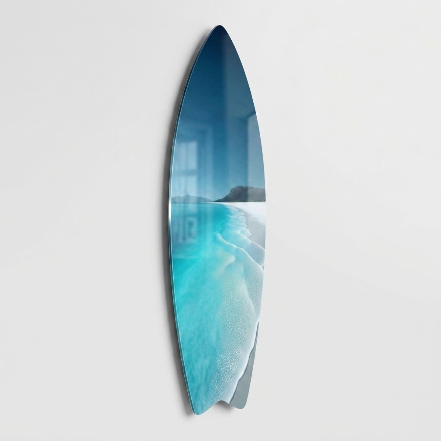 Turkuaz Dalgalı Beyaz Kumsal Deniz Manzarası Surf Board Cam Tablo