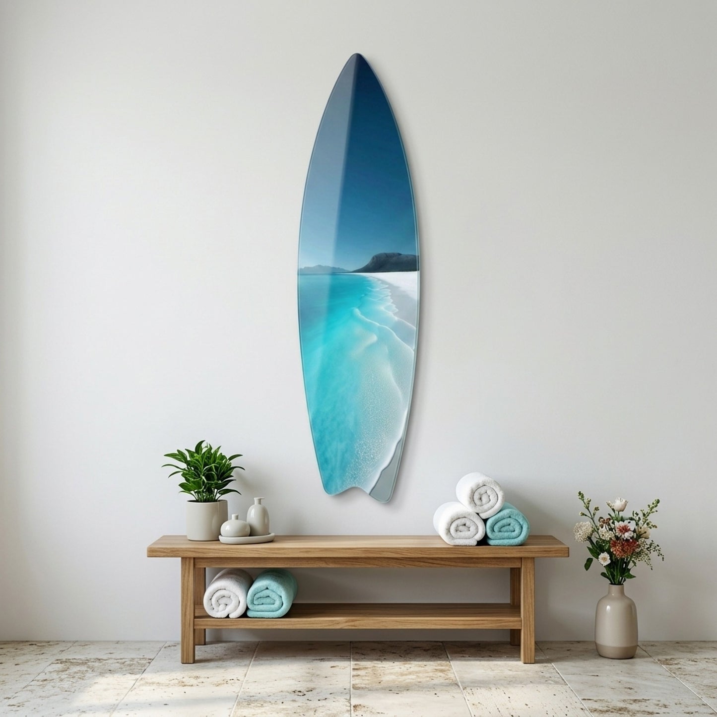 Turkuaz Dalgalı Beyaz Kumsal Deniz Manzarası Surf Board Cam Tablo