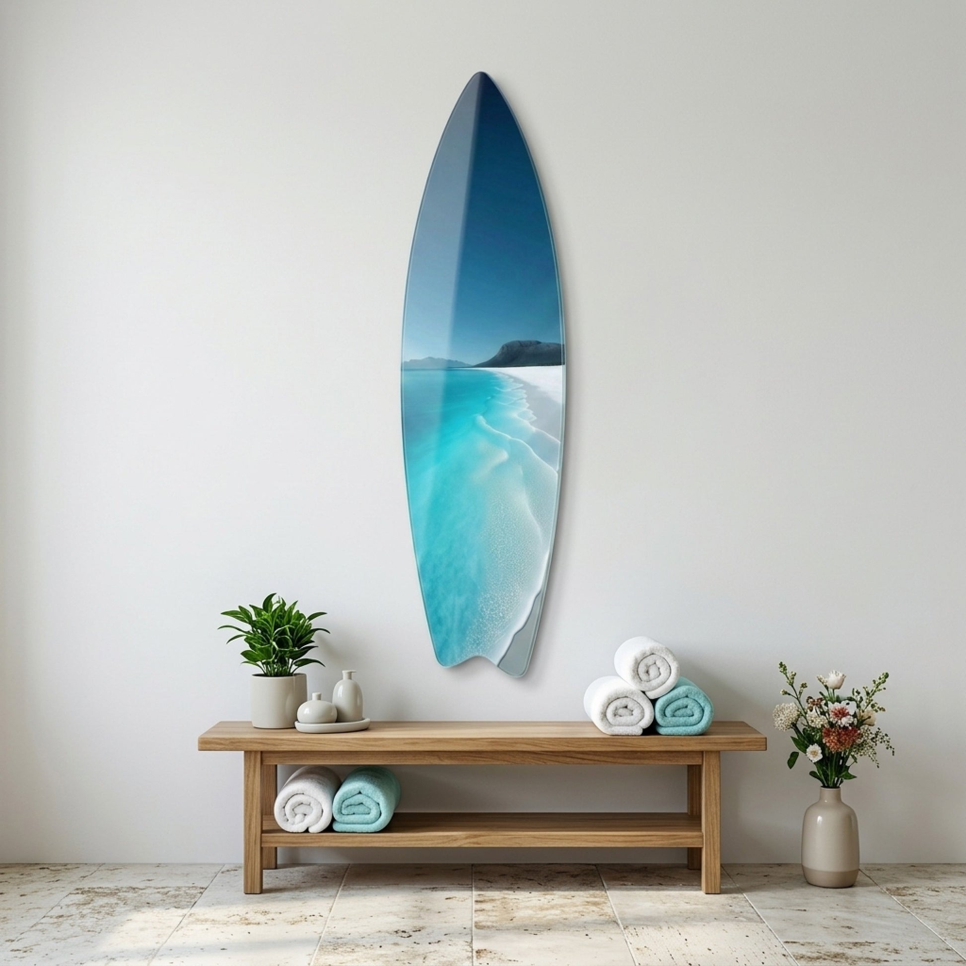 Turkuaz Dalgalı Beyaz Kumsal Deniz Manzarası Surf Board Cam Tablo