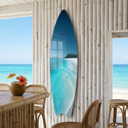 Turkuaz Dalgalı Beyaz Kumsal Deniz Manzarası Surf Board Cam Tablo
