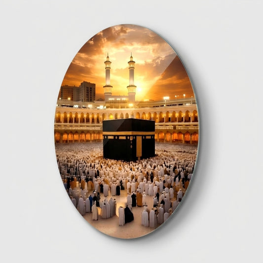 Kabe-i Muazzama ve Gunbatimi Dini Oval Dikey Cam Tablo